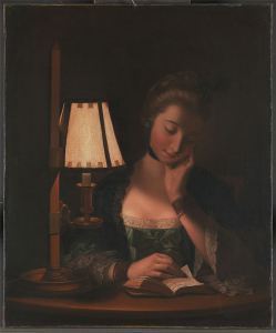 Henry Morland - Woman Reading By A Paper Bell Shade