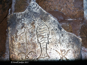 Anchor, fish, and Chi Rho symbols. Slide Photo by Ferrell Jenkins, 1975.