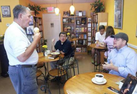 Author Nate Fleming at a a book signing at the Binding Time Cafe in Virginia, summer 2014