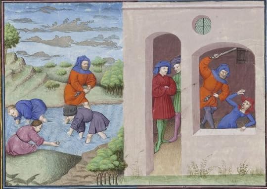 « Le livre appellé Decameron, autrement le prince Galeot surnommé, qui contient cent nouvelles racomptées en dix jours par sept femmes et trois jouvenceaulx, lequel livre ja pieça compila et escripvi Jehan Boccace de Celtald en langaige florentin, et qui nagueres a esté translaté premierement en latin et secondement en françois, a Paris, a l'ostel de noble, sage et honneste homme Bureau de Dampmartin, citoien de Paris, escuier conseillier de trés puissant et trés noble prince Charles, VI e de son nom, roy de France, par moy Laurent de Premierfait, famillier dudit Bureau, lesqueles deux translations, par trois ans faites, furent accomplies le quinziesme jour de juing l'an mil quatre cens et XIIII »