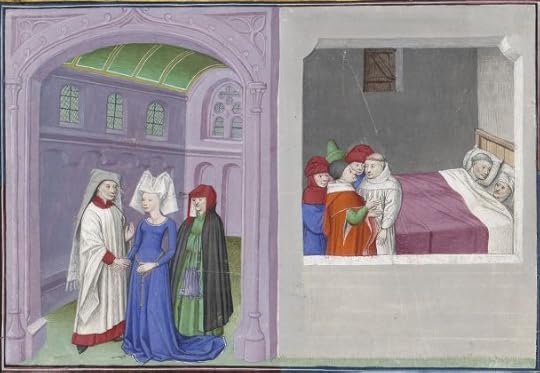 « Le livre appellé Decameron, autrement le prince Galeot surnommé, qui contient cent nouvelles racomptées en dix jours par sept femmes et trois jouvenceaulx, lequel livre ja pieça compila et escripvi Jehan Boccace de Celtald en langaige florentin, et qui nagueres a esté translaté premierement en latin et secondement en françois, a Paris, a l'ostel de noble, sage et honneste homme Bureau de Dampmartin, citoien de Paris, escuier conseillier de trés puissant et trés noble prince Charles, VI e de son nom, roy de France, par moy Laurent de Premierfait, famillier dudit Bureau, lesqueles deux translations, par trois ans faites, furent accomplies le quinziesme jour de juing l'an mil quatre cens et XIIII »