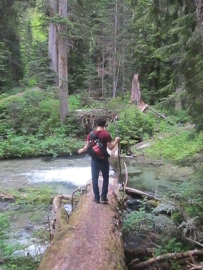 This is a day hike during a car camping trip. Charlie's messenger bag is what we carried to keep snacks, water, and first aid in.
