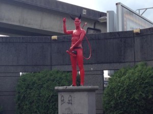 red devil statue, naked devil, East Van, guerilla art, East Van cross