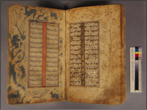An opening from the text showing two types of decoration: the sinuous stenciled decoration on the left, with a stenciled inner column; and gold painted decoration on the right which consists of a stenciled layer finished with a gold painted lines.