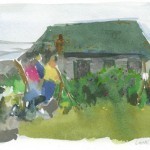 painters standing by the boathouse