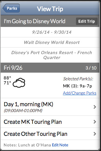 Sample Trip View page, showing selected parks and touring plans.