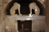A tomb from the era of Alexander the Great in Amphipolis is guarded by two sphinxes, shown in this image released on Aug. 25, 2014, by the Greek Ministry of Culture.