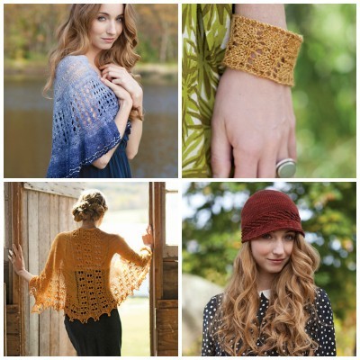 Halli Shawl (upper Left), Gateway Cuff (upper right), Loco Shawl (lower left) and Folly Cloche (bottom right).