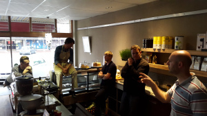 Kelvin from Caloroso and Shaun from Famous Brands testing shots for consistency.