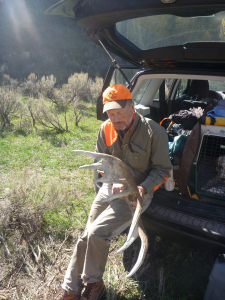 Tom Davis holds the moose shed that he found in one of my favorite coverts, Grouse Rock. 