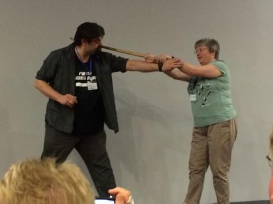 Samurai McKenna demonstrates what to do when a peasant (Adrian Tchaikovsky) tries to grab your katana!