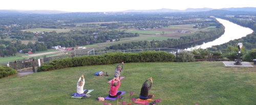 09-15-14 Jeannine (in pink) doing yoga class on top of Mt. Sugarloaf3 crop