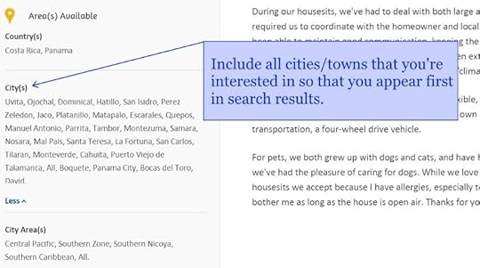 Screen Shot Locations on Housesitting Profile
