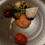 Monkfish souvee, tomato puree and raw, artichokes fried and raw, bulgar wheat with herbs