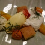 Saffron and Orange Ice Cream, White Chocolate Whipped Cream, Mandarin Oranges, Kumquats, Allspice, Lime
