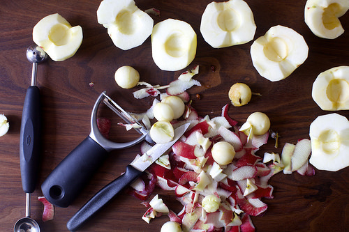 peeled, halved, cored