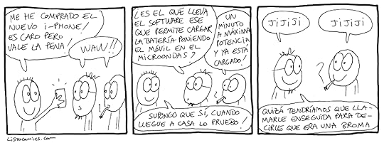 Cómic sobre Apple Wave, el software de los nuevos i-Phone que permite cargar la batería metiendo el móvil en el microondas un minuto a máxima potencia.