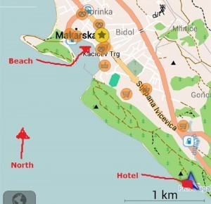 Map of Makarska, Croatia. Beach to Hotel