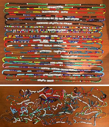 From top: Frank Zappa List, 2014 Glass seed beads, plastic letter beads, nylon string Dimensions variable. Ed Sanders List, 2014 Glass seed beads, plastic letter beads, nylon string Dimensions variable. 