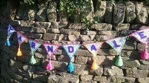 crocheted bunting with Yarndale sewn on to it