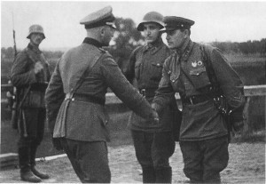 German and Soviet officers shaking hands, Poland, late September 1939