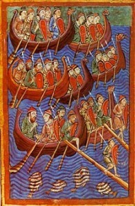 medieval illustration of Norsemen on their ships