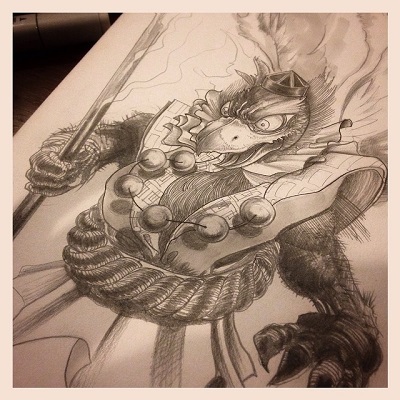 Luke's drawing of an awesome bird demon monster guy