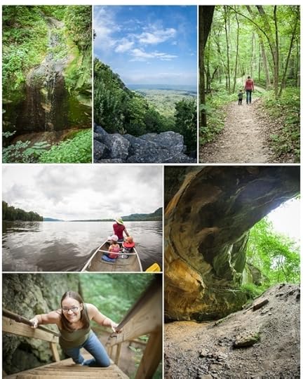 Photographs © Jeremy and Kristin Albright Top row: Little Sand Cave, Look out on the bluff trail, Hiking trail  to Big Sand Cave. Horizontal photos: canoeing on the Mississippi, climbing up to treasure cave. Bottom right: Big Sand Cave