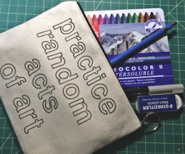 Traveling instant art kit: Neocolor II, water brush, pencil, Pitt Pen, eraser. The bare necessities.