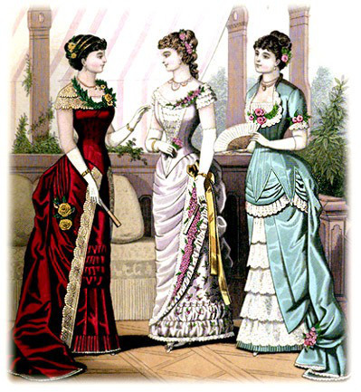 Fashion plate, 1882. Here you can see good examples of some of the biggest trends of the era including the slim skirts, the long, ruffled trains, and asymmetry in draping.