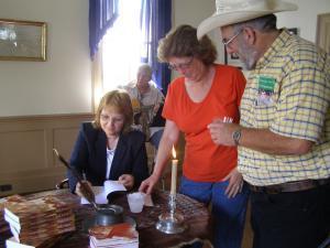 Signing at the lodge with friends from the valley.
