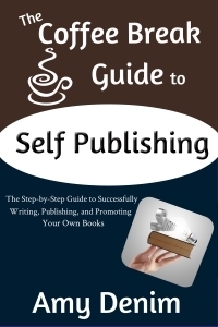 The Coffee Break Guide to Self Publishing cover has a picture of a hand holding an open book with a lightbulb and the word success coming out of it