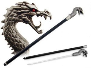 A cane with a dragon head as the handle and a sword concealed in the shaft