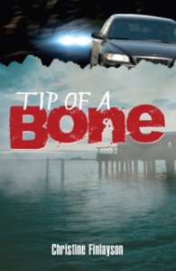 Tip of a Bone cover- car headlights overlaid on the photo of a misty pier