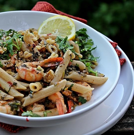 Pasta with Lemony Apples, Walnuts and Shrimp