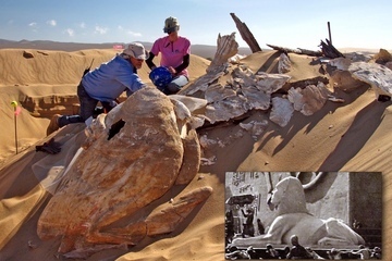 Archaeologists unearth one of the giant sphinxes from the film, "The Ten Commandments."