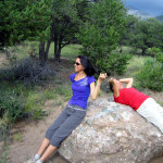 Sylvia and friend sunning on a Crestone conglomerate boulder