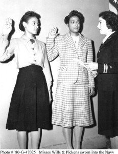 Frances Wills (left) and Harriet Ida Pickens are sworn in by Lt. Rosamond D. Selle, at New York City. In December 1944, they became the Navy's first African-American WAVES officers.