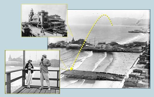 The action jumps from Malibu to the Abbott Kinney Pier in Venice. The tower of the Auditorium appears beside Edna Purviance and Eric Campbell. Marc Wanamaker - Bison Archives 