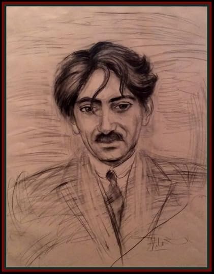 Pencil drawing of dramatic man with mustache.