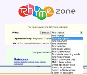 Rhymezone search options