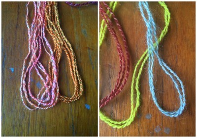 Left is Tussah and Bombyx. Right is Shetland (red), Romney (chartreuse) and Wensleydale (blue)
