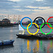 The Olympic rings and the O2 at dusk