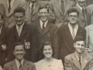 Jim Packer (top center), with members of OICCU in Trinity Term 1948 at St Ebbe's Rectory. Elizabeth Lloyd-Jones (now Lady Catherwood) is sitting in front of Packer.