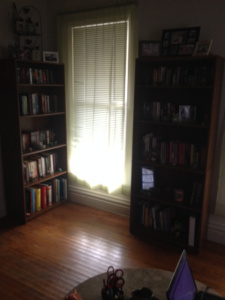 Two of my 6 bookcases. The guy at the store where I bought bookcases was all 
