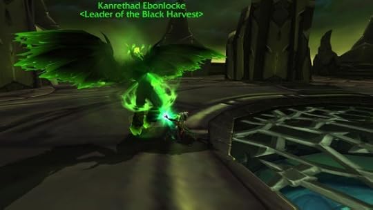 My rogue drains the fel energy from Kanrethad Ebonlocke at the conclusion of the green fire quest chain in World of Warcraft