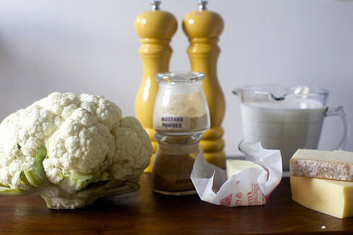 cauliflower, spice, s/p, butter, milk, cheese