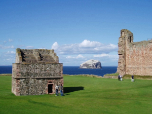Tantallon Castle Doocot, with Bass Rock beyond