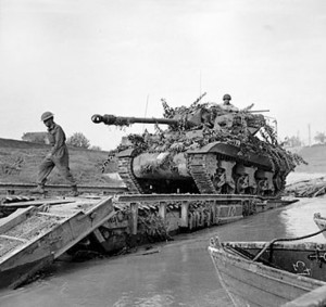 British Achilles tank destroyer crossing the River Savio, Italy, 24 October 1944 (Imperial War Museum)
