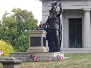me and Battle Hill's monument to Liberty (waving to The Statue of Liberty, in direct line)